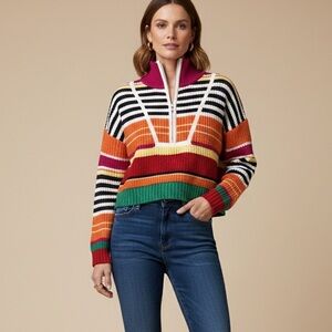 ENGLISH FACTORY | Striped Multicolour Half Zip Cropped Sweater